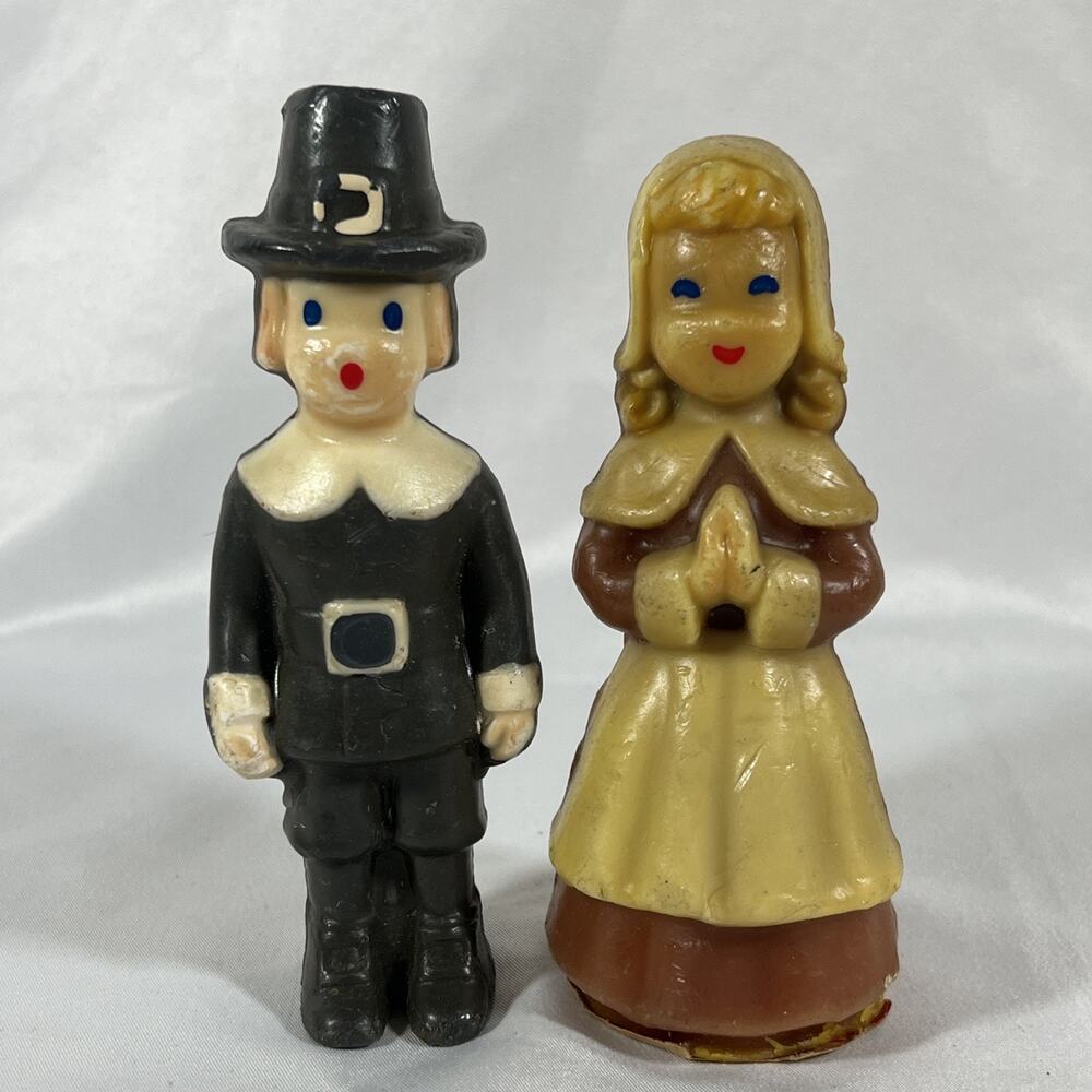 Vintage Gurley Thanksgiving Pilgrims Candle Set Pair Boy & Girl 5" Large 1950s